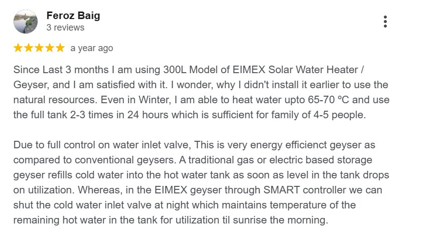 Screenshot of a published EIMEX Solar customer review (1)