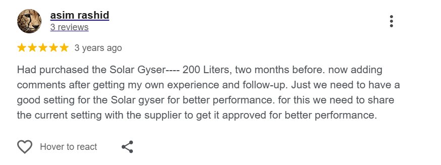 Screenshot of a published EIMEX Solar customer review (3)
