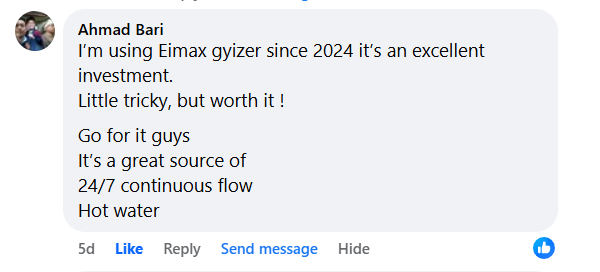 Published customer comment from Ahmad Bari: using the EIMEX geyser since 2024, calling it an excellent investment and a great source of continuous hot water