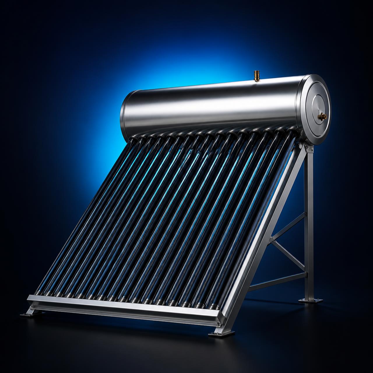 EIMEX stainless steel solar geyser with a row of evacuated vacuum tubes