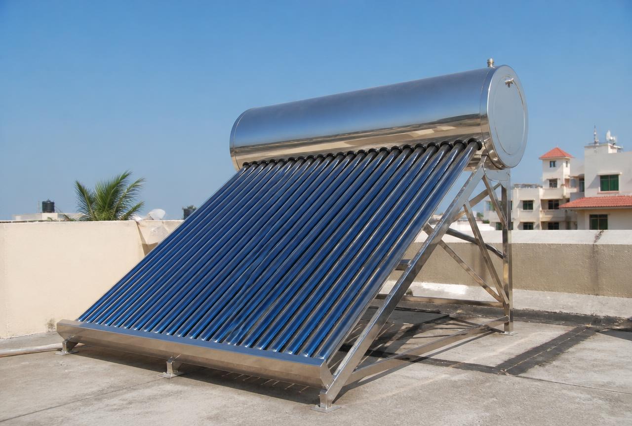 EIMEX solar geyser installed on a residential rooftop under clear skies