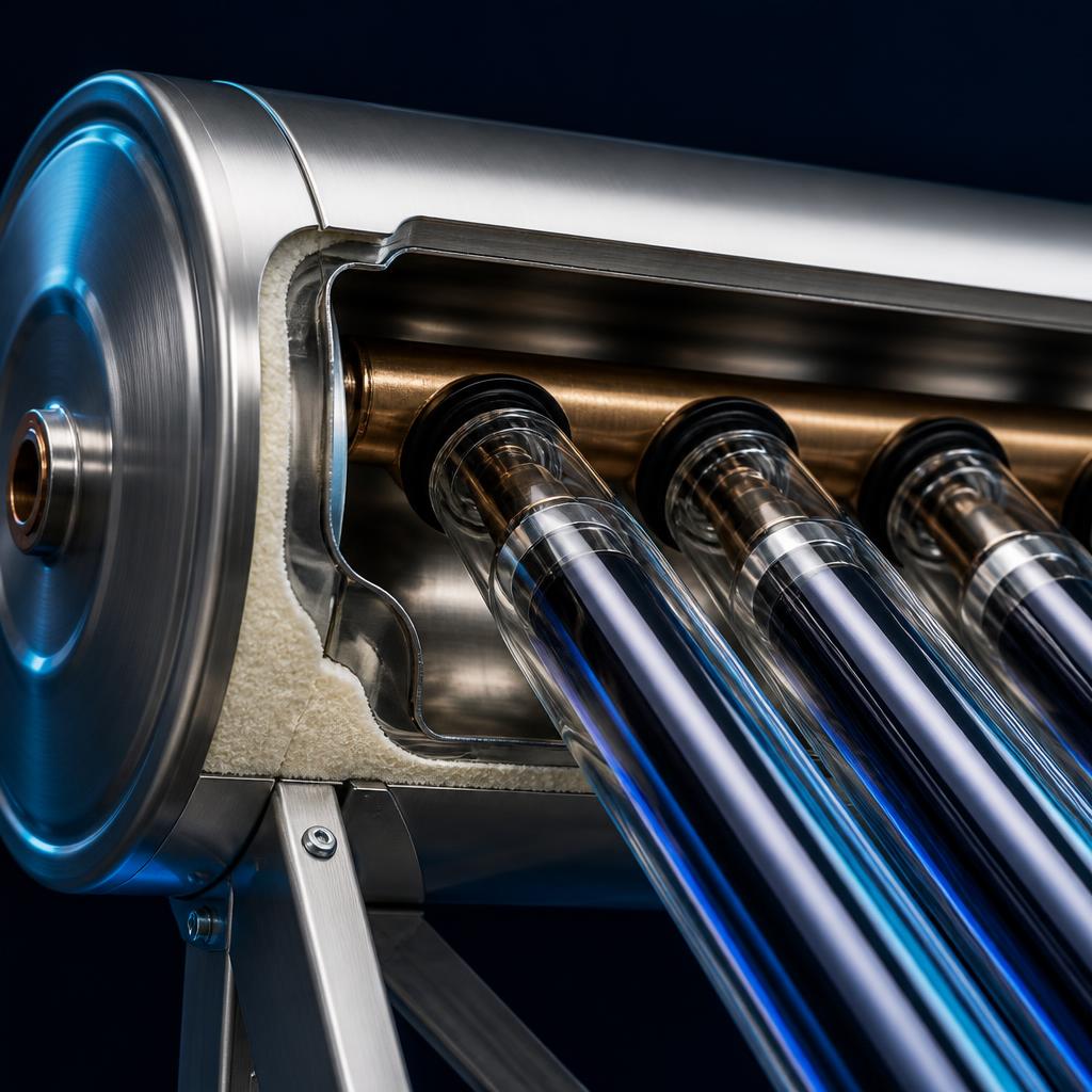 Cutaway detail of the stainless steel tank showing PU insulation and evacuated tube connections